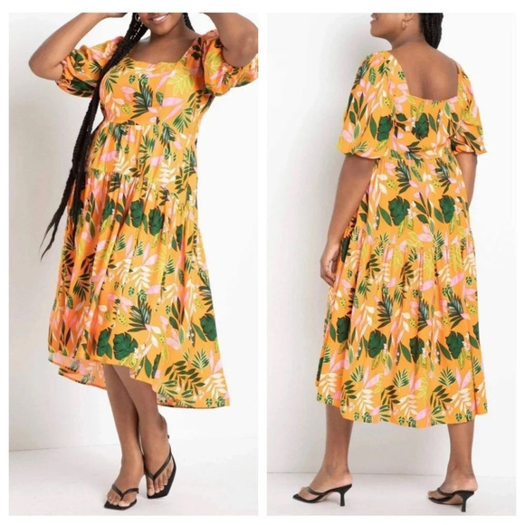 Eloquii Dresses & Skirts - New! Eloquii puff sleeve empire waist tropical floral midi dress 15848
